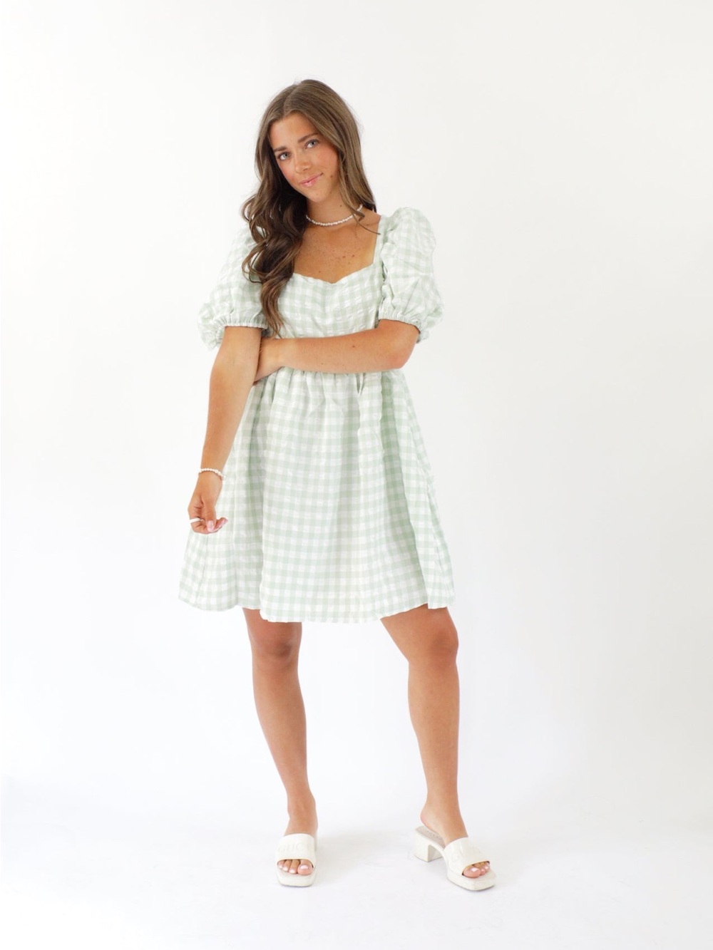ARULA Mint Green Gingham Puff-Sleeve Dress pockets tie back